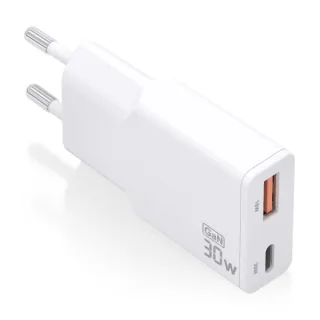 Aisens Cargador GaN Ultra Delgado 30W - 1xUSB-C PD3.0 QC4.0 - 1xUSB-A QC3.0 - Color Blanco