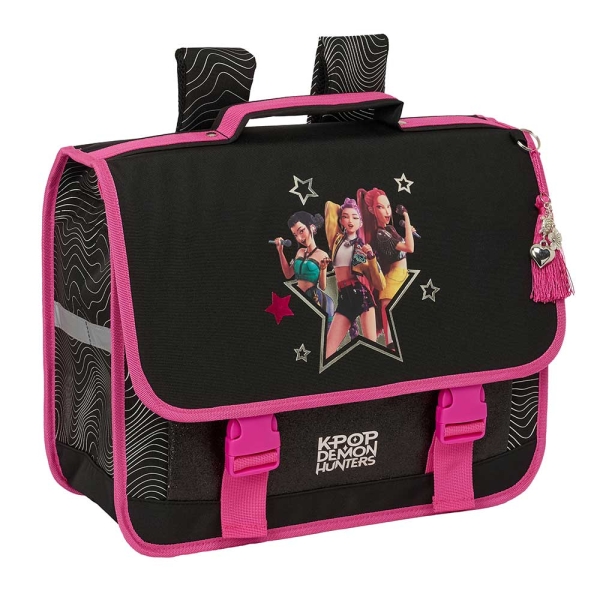 Safta K-Pop Demon Hunters Energy Mochila Cartera Escolar - Solapa - Bolsillo con Cremallera - Espalda Acolchada - Hombreras Ajustables - Asa de Mano - 40x33x17cm - Color Negro y Rosa