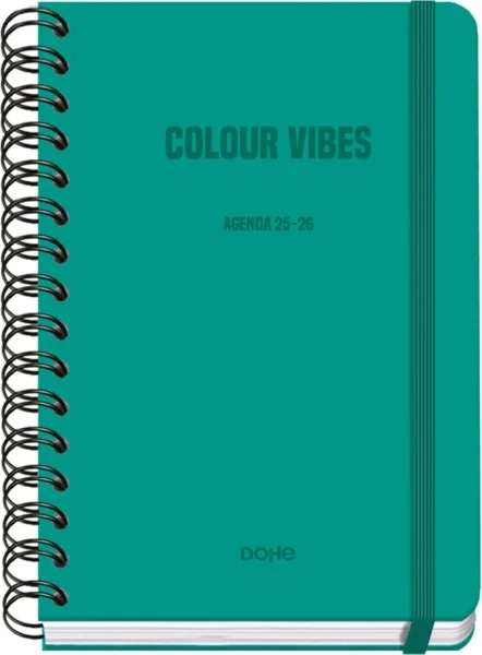 Dohe Colour Vibes Agenda Escolar 25/26 Espiral Wire’o A5 - Semana Vista - Papel 80g/m2 - 4 Hojas de Pegatinas - Cubierta de Carton Plastificado - Cierre con Goma Elastica - Color Verde