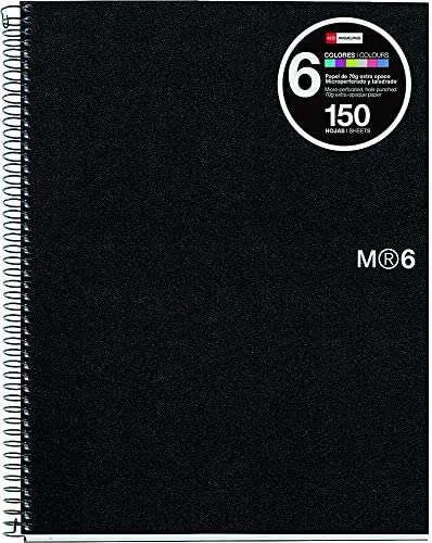 Miquel Rius Notebook6 Cuaderno de Espiral Formato A4 Horizontal 7mm - 150 Hojas de 70gr Microperforadas con 4 Taladros - Cubiertas de Polipropileno - Color Negro