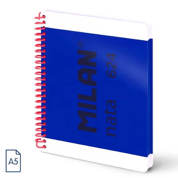 Milan Nata 624 Cuaderno A5 con Espiral - Cuadriculado - 80 Hojas de 95Gr - Tapa Dura - Color Azul Marino