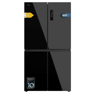 Cecotec Bolero CoolMarket 4D 601 Black Glass E Frigorifico Americano 4 Puertas - Capacidad 601L - Compresor Inverter - Total Nofrost - Puerta de Cristal - Clase E - 90.5x73x177.5cm - Color N