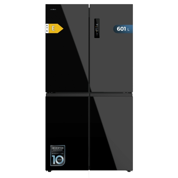 Cecotec Bolero CoolMarket 4D 601 Black Glass E Frigorifico Americano 4 Puertas - Capacidad 601L - Compresor Inverter - Total Nofrost - Puerta de Cristal - Clase E - 90.5x73x177.5cm - Color N