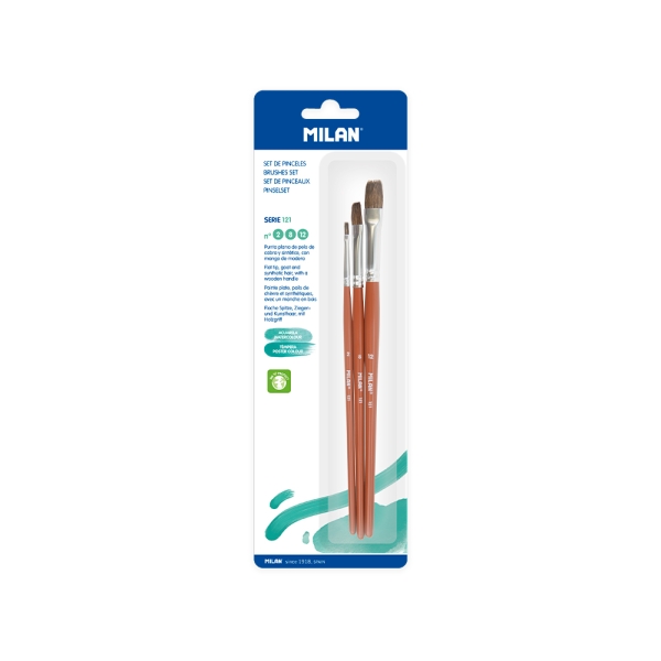 Milan 121 Pack de 3 Pinceles Planos - Formatos Surtidos - Color Madera Oscuro