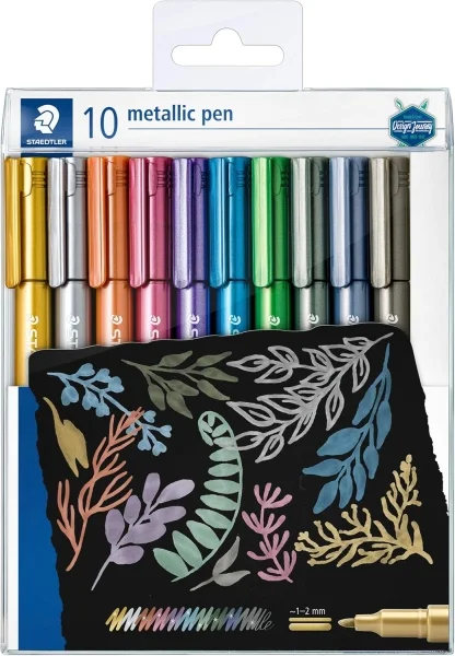 Staedtler Metallic Pen Pack de 10 Rotuladores de Punta Fina - Trazo 1 - 2mm Aprox - Tinta Base de Agua - Colores Surtidos