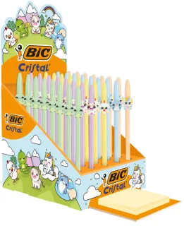 Bic Cristal Pastel Figurines Expositor con 40 Boligrafos de Bola - Cuerpo Opaco en Colores Pastel con Figuras de Animales - Punta Redonda de 1mm - Trazo 0.4mm - Tinta con Base de Aceite - Co