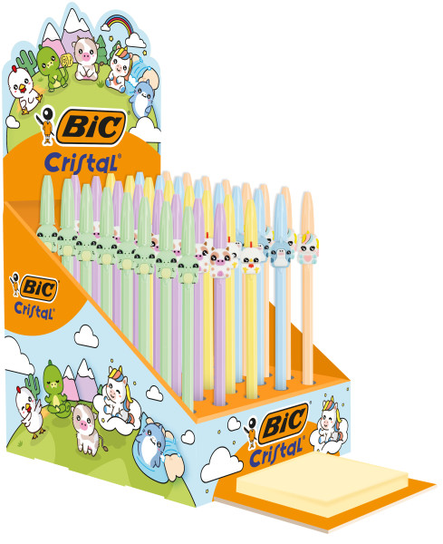 Bic Cristal Pastel Figurines Expositor con 40 Boligrafos de Bola - Cuerpo Opaco en Colores Pastel con Figuras de Animales - Punta Redonda de 1mm - Trazo 0.4mm - Tinta con Base de Aceite - Co