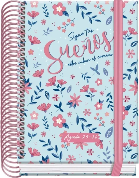 Dohe Blossom Agenda Escolar 25/26 Espiral A6 - Dia Pagina - Papel 70g/m2 - 4 Hojas de Pegatinas - Cubierta de Carton Plastificado - Cierre con Goma Elastica