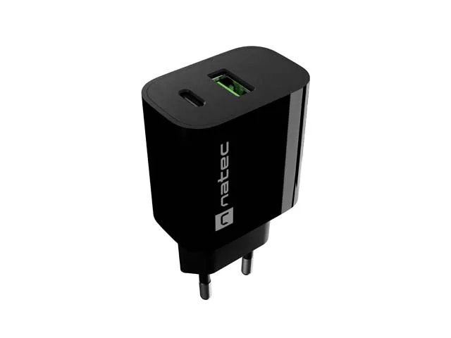 Natec Ribera Cargador de Pared 20W - 1xUSB-A + 1xUSB-C - Carga Rapida - 2 Dispositivos Simultaneos - Color Negro