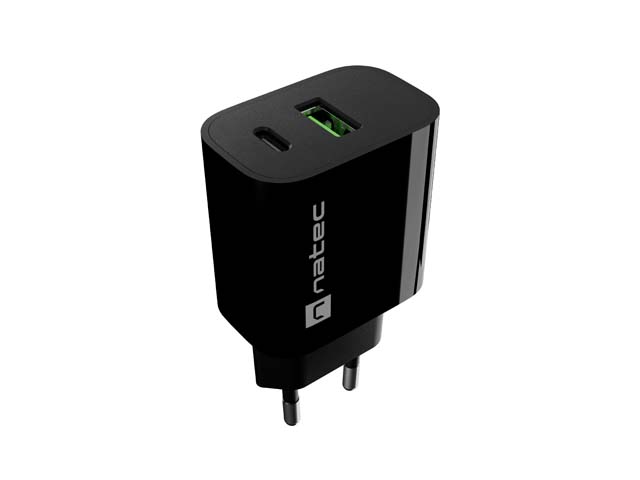 Natec Ribera Cargador de Pared 20W - 1xUSB-A + 1xUSB-C - Carga Rapida - 2 Dispositivos Simultaneos - Color Negro