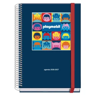 Dohe Prime Playmobil Agenda Escolar 26/27 - Formato A5 - Semana Vista - Papel Offset Ahuesado 70g - Cubierta de Carton Plastificado - Espiral - Goma - 15x21x2cm - Color Azul Marino