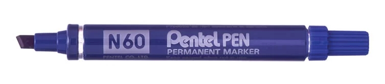 Pentel Pen N60 Rotulador Permanente - Punta Biselada Resistente y Duradera - Resistente a Agua y Luz - Color Azul · Pack de 12 uds.