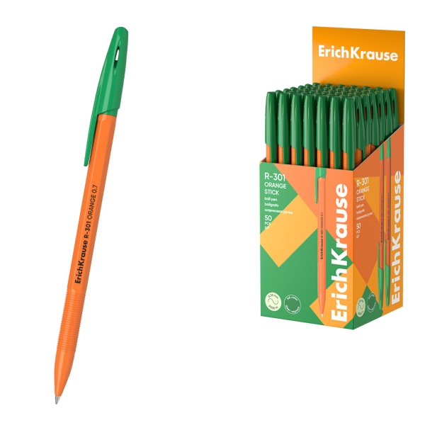 ErichKrause R-301 Stick Orange Boligrafo con Capuchon - Punta de 0.7mm - Cuerpo Opaco Naranja - Trazo 0.35mm - Color Verde · Pack de 50 uds.