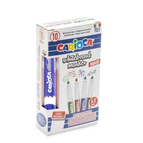 Carioca Maxi Rotulador para Pizarra Blanca - Tapa con Clip - Se Borra Facilmente - Se Seca Rapidamente - Punta de Ø 6mm - Color Azul · Pack de 10 uds.