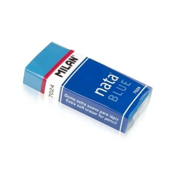 Milan Nata 7024B Goma de Borrar Rectangular - Plastico - Faja de Carton Azul - Envuelta Individualmente - No Daña el Papel - Color Azul · Pack de 24 uds.