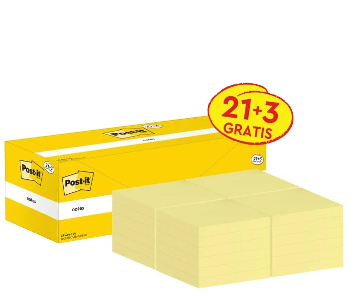 Post-It Pack de 24 Blocs de 100 Notas Adhesivas Reposicionables - Forma Cuadrada - 76x76mm - Color Amarillo Claro