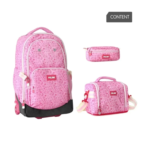 Milan Pink Flowers Pack de Mochila con Ruedas 25L + Bolsa Isotermica Porta Alimentos de 5L + Estuche de 2 Cremalleras