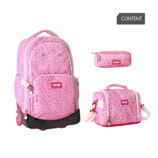 Milan Pink Flowers Pack de Mochila con Ruedas 25L + Bolsa Isotermica Porta Alimentos de 5L + Estuche de 2 Cremalleras