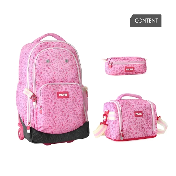Milan Pink Flowers Pack de Mochila con Ruedas 25L + Bolsa Isotermica Porta Alimentos de 5L + Estuche de 2 Cremalleras