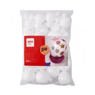 Apli Pack de 100 Bolas de Poliestireno de Tamaños Surtidos - Alta Densidad - Faciles de Cortar y Pintar - Perfectas para Manualidades y Decoraciones - Color Blanco