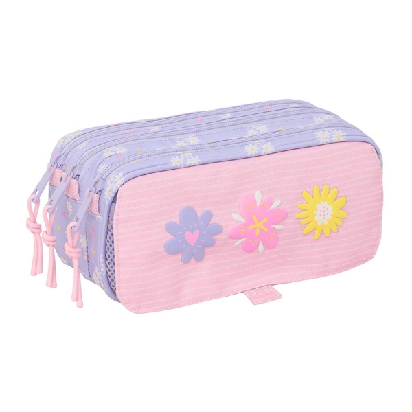 Safta Bouquet Portatodo - 3 Compartimentos con Cremalleras - Bolsillo Frontal - Cinta Adaptable - 1.72L - 215x80x100mm - Color Rosa Pastel