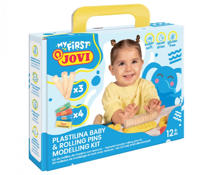 Jovi My First Plastilina Kit de Modelaje con 4 Pastillas de Plastilina 38gr + 3 Rodillos de Madera - Super Blanda - Estimula Creatividad y Sensibilidad Tactil - Fortalece Musculos de Manos y Dedos - Colores Surtidos