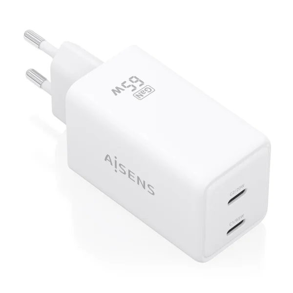 Aisens Cargador GaN 65W - 2xUSB-C PD3.0 QC4.0 - Tecnologia AI - Color Blanco