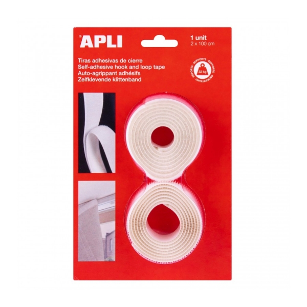 Apli Cinta Adhesiva Gancho Bucle - Union Segura - Reutilizable - Resistencia 10 kg - Adhesivo Acrilico - Alternativa a Taladros y Clavos - Ideal para Organizacion y Manualidades - Color Blan