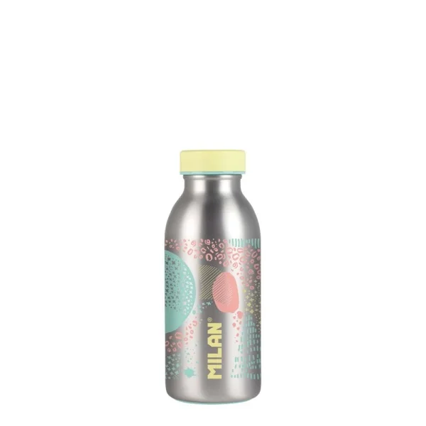 Milan Serie Silver Botella Isotermica 0.35L - Doble Pared de Acero Inoxidable - Liquidos Calientes hasta 12h, Frios hasta 24h - Color Plata/Amarillo