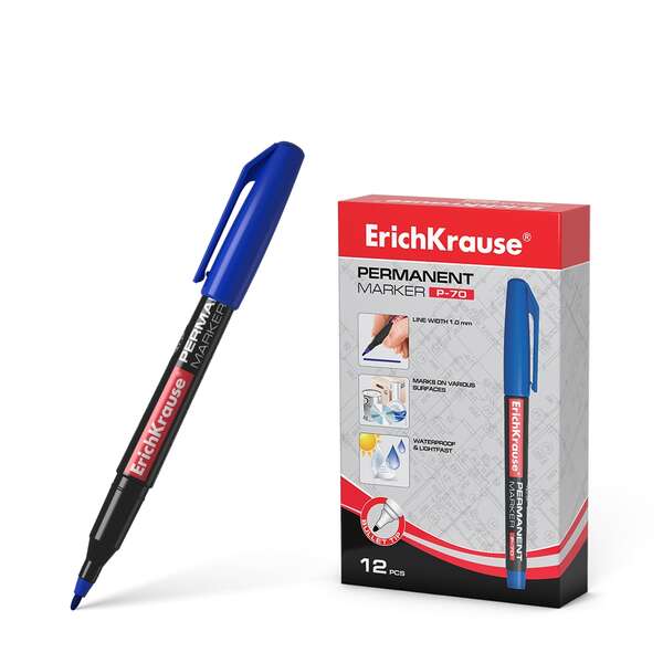 Erichkrause Marcador Permanente P-70 - Punta de Bala de 1.0mm - Resistente al Agua y a La Luz - Color Azul · Pack de 12 uds.