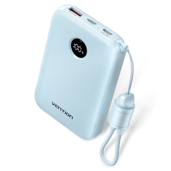 Vention Powerbank de 10000mAh - Potencia de Salida hasta 22.5W - USB-A - USB-C - Pantalla LED - Cable USB-C de 17cm - Apto para Viajes Aereos - Color Azul