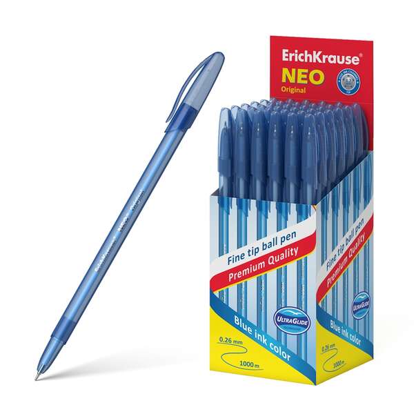 Erichkrause Boligrafo Neo Original - Punta de Aguja Sofisticada Fine Tip - Cuerpo Redondo Translucido Mate - Tinta Color Azul · Pack de 50 uds.