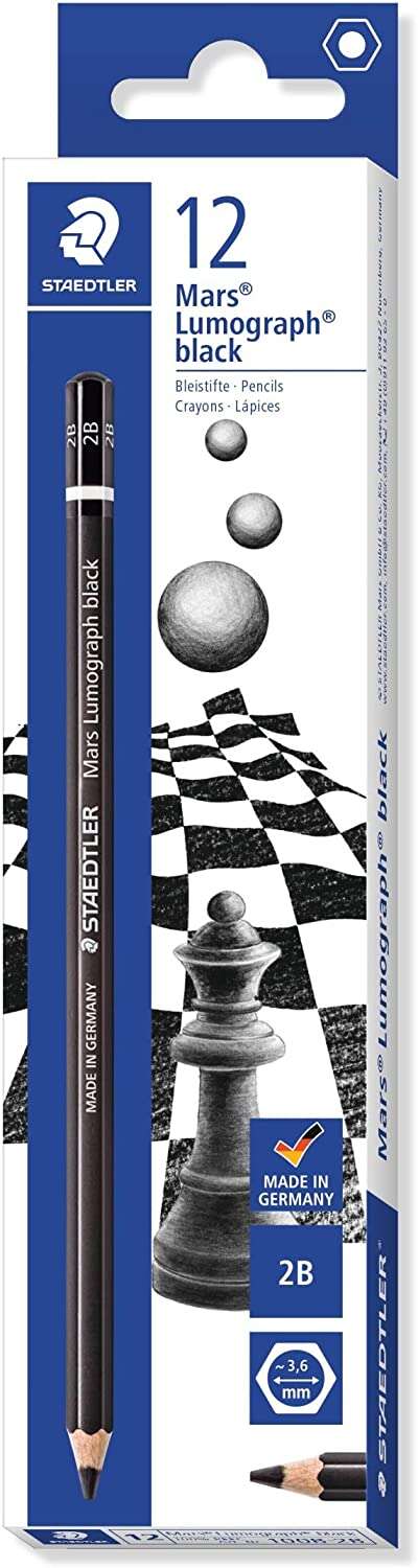 Staedtler Mars Lumograph Black Artist Pencil 100B Lapiz de Grafito - Mina 2B - Resistencia a la Rotura - Madera de Bosques Sostenibles · Pack de 12 uds.