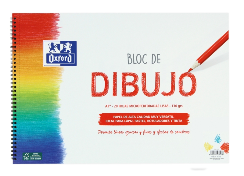 Oxford Dibujo Escolar Bloc Espiral A3+ - Tapa Blanda/Contratapa Rigida - 20 Hojas 130gr Liso · Pack de 5 uds.