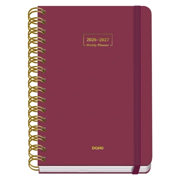 Dohe Premium Agenda Escolar 26/27 - Formato A5 - Dia Pagina - Papel Offset Ahuesado 80g - Cubierta de Carton Plastificado - Espiral Metalica Doble - Goma - 15x21x4cm - Color Burdeos