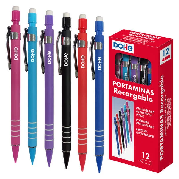 Dohe Portaminas Recargable con Cuerpo de Plastico - Zona Estriada para Agarre - Clip Metalico - Pulsador con Goma de Borrar - Punta de Plastico - para Minas de 0.5mm · Pack de 12 uds.