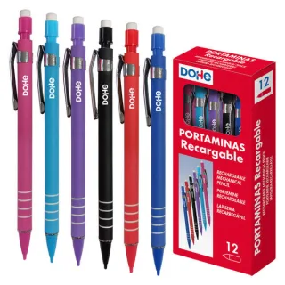 Dohe Portaminas Recargable con Cuerpo de Plastico - Zona Estriada para Agarre - Clip Metalico - Pulsador con Goma de Borrar - Punta de Plastico - para Minas de 0.5mm · Pack de 12 uds.