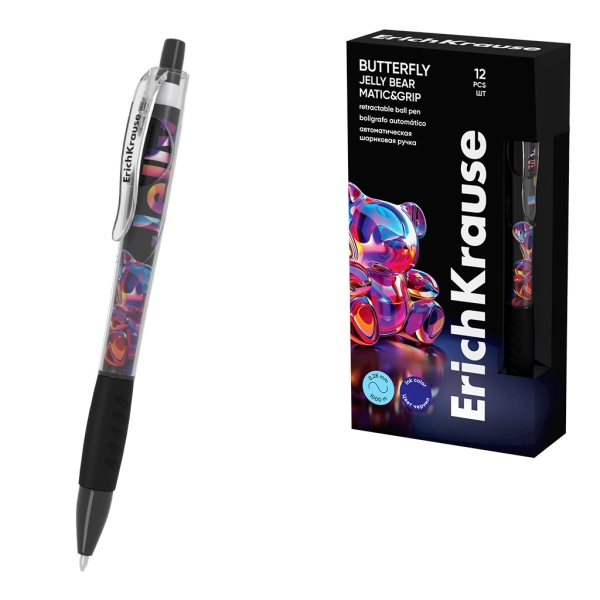 ErichKrause Butterfly Matic and Grip Jelly Bear Boligrafo Retractil - Punta de 0.7mm - Trazo 0.28mm - Zona de Agarre de Goma - Color Azul · Pack de 12 uds.
