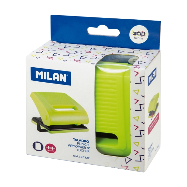 Milan Acid Taladro Perforador - Incluye Guia de Plastico - hasta 15 Hojas - Bloqueo de Seguridad - Facil Vaciado - Color Amarillo