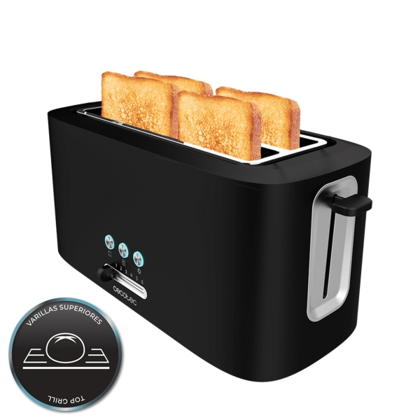 Cecotec Toast and Taste 16000 Extra Double Tostadora de Doble Ranura Larga - 1630W - Autocentrado - 6 Niveles de Tostado - Hueco Recogecables - Base Antideslizante - Recogemigas - Color Negr