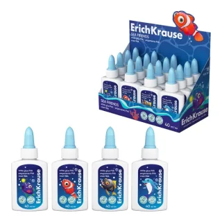ErichKrause EasyStick Sea Friends Expositor con 16 Botellas de Cola Blanca - 40ml - Aplicador Autolimpiante - No Toxico - Facil de Lavar con Agua - sin Disolventes - Multisuperficie - Color