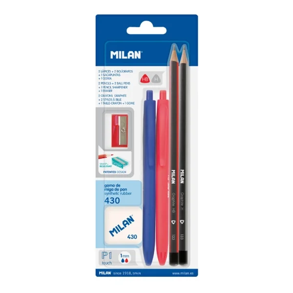 Milan P1 Touch Pack de 2 Boligrafos + 2 Lapices + Goma 430 + Sacapuntas - Tinta Azul y Roja - Durezas HB y H - Colores Surtidos