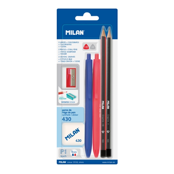 Milan P1 Touch Pack de 2 Boligrafos + 2 Lapices + Goma 430 + Sacapuntas - Tinta Azul y Roja - Durezas HB y H - Colores Surtidos