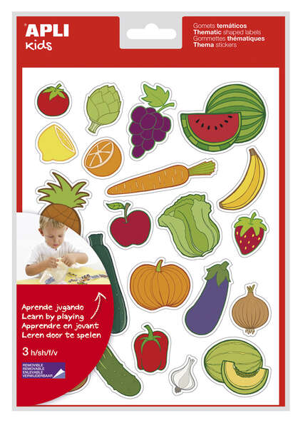 Apli Bolsa de Gomets Tematicos Frutas y Verduras - 69 Gomets - Adhesivo Removible - Ilustraciones Divertidas - Adhesivo Base Agua - Libre de Disolventes - Coloridos