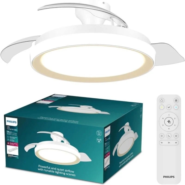 Philips Bliss DC Fan Ceiling Ventilador de Techo con Luz LED Hasta 6500K - Aspas Retractiles - 35W Ventilador + 28W Luz - Mando a Distancia - Color Blanco/Dorado