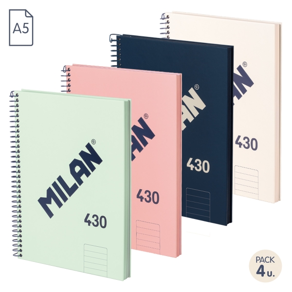 Milan 430 Since 1918 Pack de 4 Cuadernos A5 con Espiral - Papel a Lineas de 7mm - 80 Hojas de 95g - Tapa Dura - Colores Surtidos