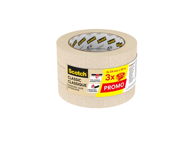 Scotch Classic Pack de 3 Cintas de Enmascarar - 24mm x 50m - Color Blanco
