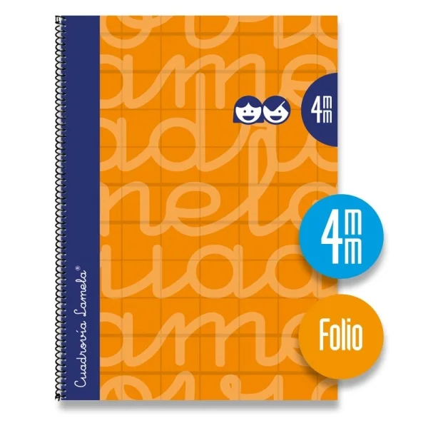Lamela Cuaderno Espiral con 80 Hojas de 70g/m2 con Margen - Formato Folio - Pauta Cuadrovia de 4mm - Cubierta Extra Dura - Papel Offset Blanco Extra - Color Naranja