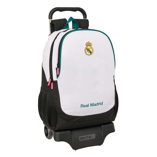 Safta Real Madrid Equipacion 26/27 Mochila con Carro - Extraible - 23L - Portabotellas - Cremallera - Doble Tirador - Asa de Mano - Espalda Acolchada Antisudor - 32x44x16cm - Color Blanco y Negro