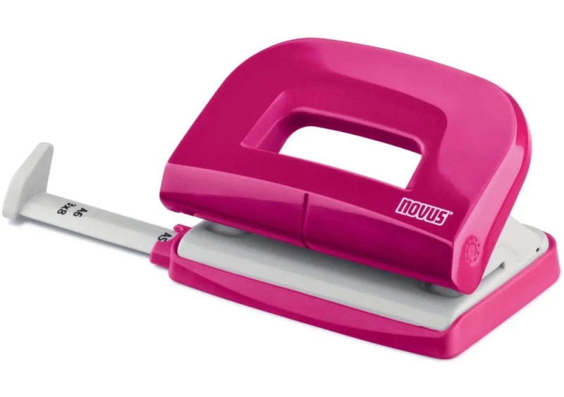 Novus E210 Fresh Perforadora Pequeña de Papel - Hasta 10 Hojas - Guia de Posicionamiento - Punzones 5.5mm - Color Rosa